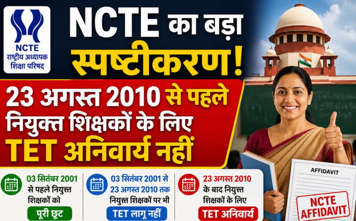 NCTE के कोर्ट में दाखिल हलफनामे के बाद TET नियमों पर बड़ा स्पष्टीकरण, जिसमें बताया गया है कि 23 अगस्त 2010 से पहले नियुक्त शिक्षकों के लिए TET अनिवार्य नहीं है। थंबनेल में NCTE लोगो, सुप्रीम कोर्ट की इमारत और एक शिक्षिका दिखाई गई हैं।