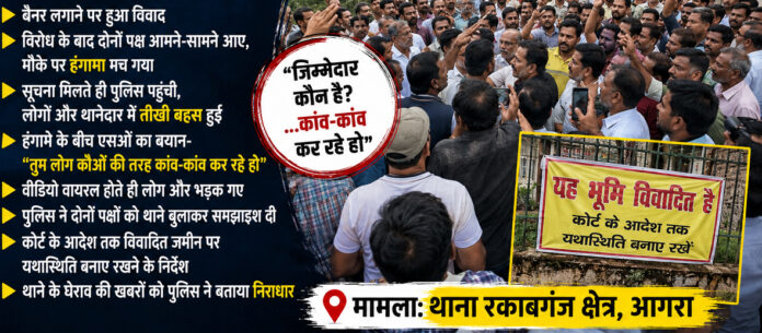आगरा के रकाबगंज थाना क्षेत्र में विवादित जमीन पर बैनर लगाने को लेकर जैन समाज और दूसरे पक्ष के बीच हुए विवाद के दौरान जुटी भीड़, वायरल वीडियो और पुलिस कार्रवाई को दर्शाता न्यूज थंबनेल।