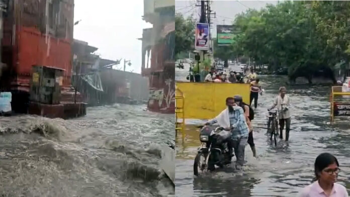 मथुरा में भारी मानसूनी बारिश के बाद जलभराव से डूबी सड़कें, पानी में फंसे वाहन और परेशान होते स्थानीय लोग व श्रद्धालु।